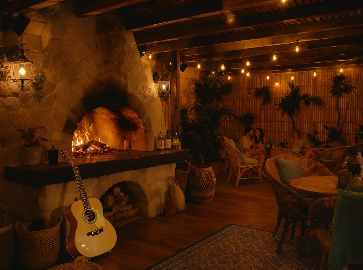The wood fired pizza oven and warm bar at Beach House Wilderness on a winter evening with live music