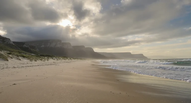 Wilderness beach on the Garden Route in winter with a dramatic sky, near Beach House Wilderness
